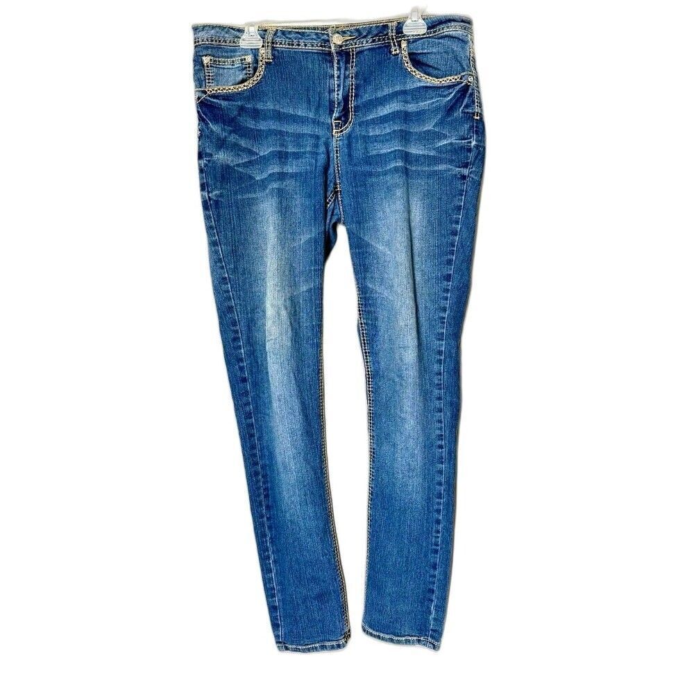 Revolt Y2K Low Rise Skinny Jeans Womens Size 12 Blue Faded Embroidered - Picture 2 of 8